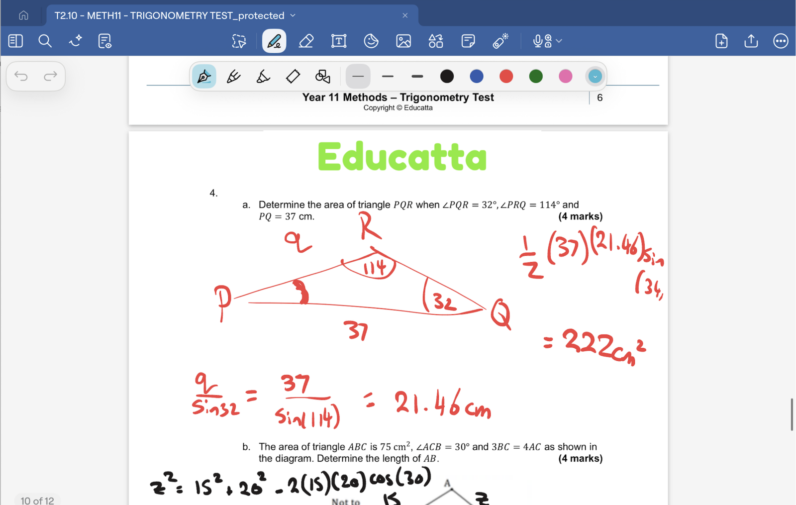 Methods worksheet shared on screen